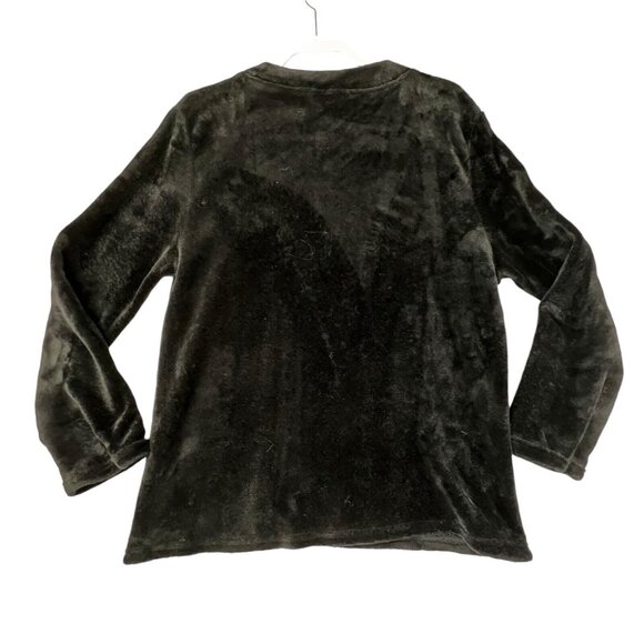 Vtg Just Love Christmas Tree XL Long Sleeve Velour Sweater Black Fleece Green - Picture 2 of 8